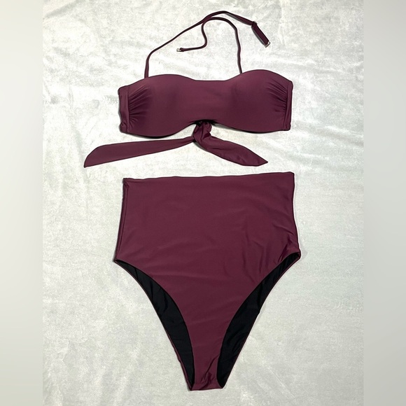 Gianni Bini High Waisted Bandeau Top Bikini Set Reversible Bottoms Maroon EUC - Picture 1 of 12